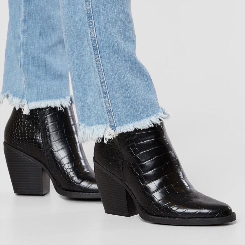 Black Faux Croc Ankle Boots